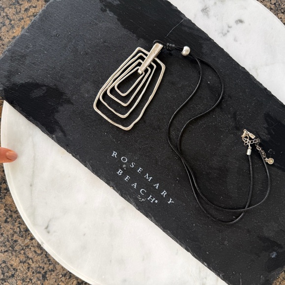 Silver Geometric Silver Heavy Pendant Long Leather Cable Cord Necklace w Pearl - Picture 16 of 17